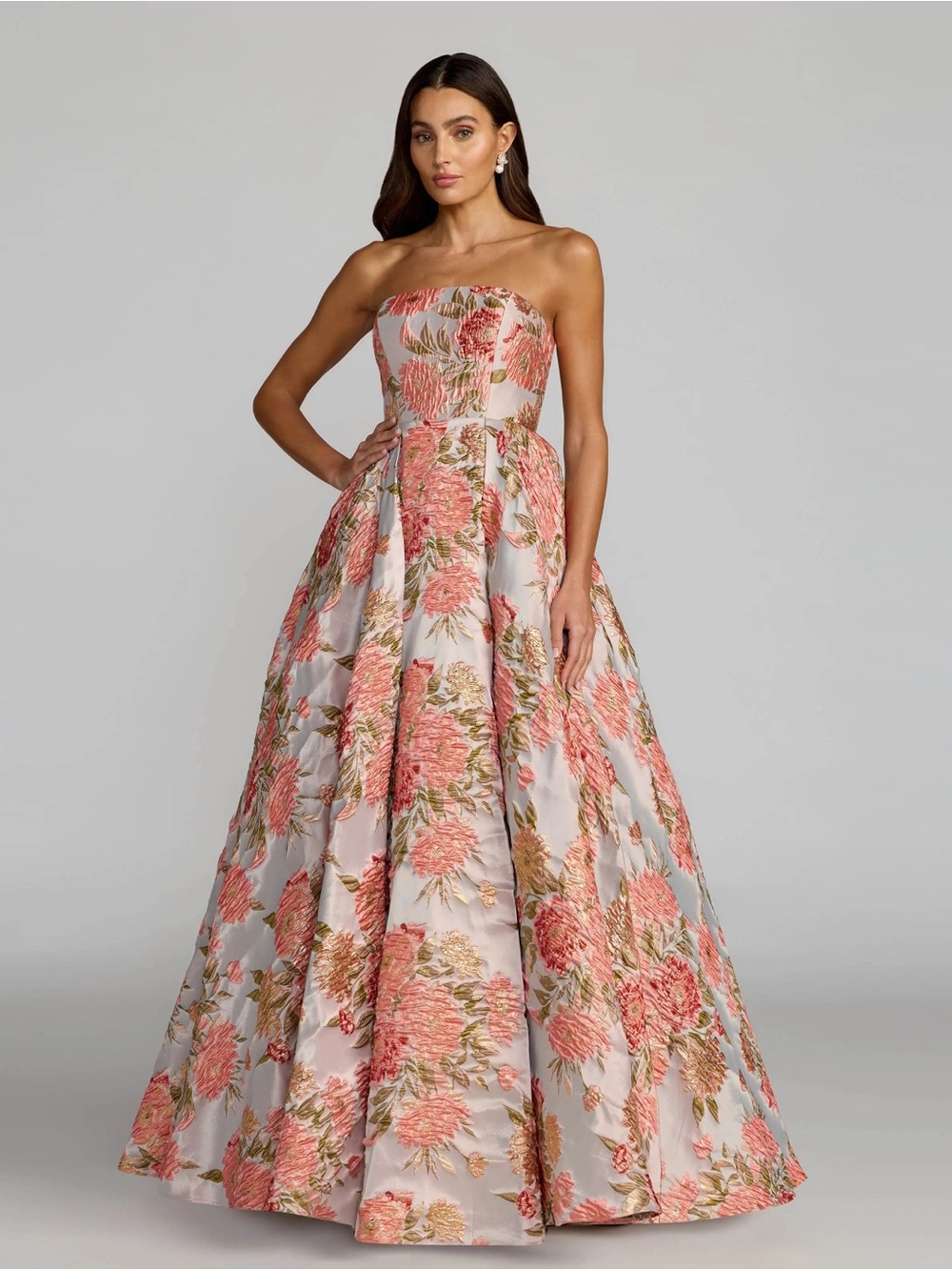 Mac Duggal 69169 Pink Strapless Floral Brocade Ball Gown With Pockets Sz 12